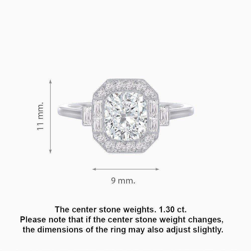 Art Deco-Inspired Cushion Halo Ring Mounting with Baguette and Round Diamonds Custom Center Stone | Bold Symmetry | Hand-Applied Milgrain - Shahin Jewelry