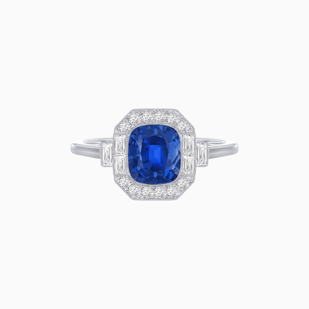 Art Deco - Inspired Cushion Halo Ring Mounting with Baguette and Round Diamonds Custom Center Stone | Bold Symmetry | Hand - Applied Milgrain - Shahin Jewelry