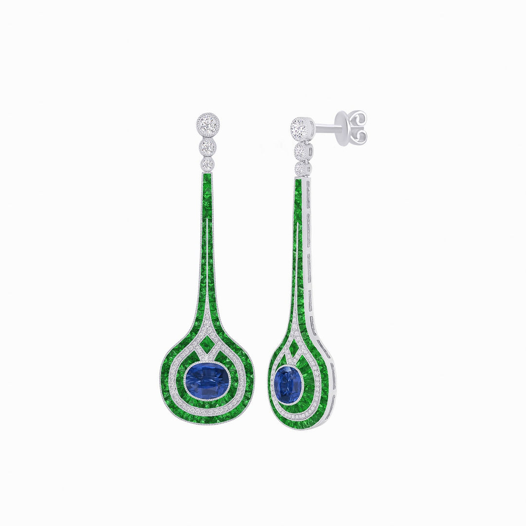 Art Deco Inspired Diamond Drop Earrings With Gemstone - Shahin Jewelry