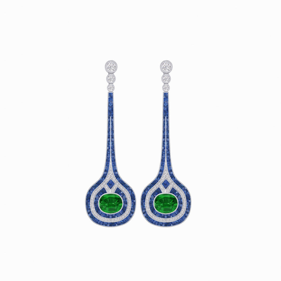 Art Deco Inspired Diamond Drop Earrings With Gemstone - Shahin Jewelry