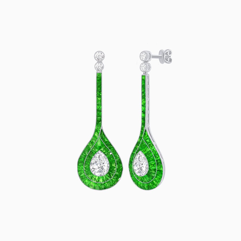 Art Deco Inspired Double Halo Drop Earrings with Diamond and Gemstone | Mounting - Shahin Jewelry
