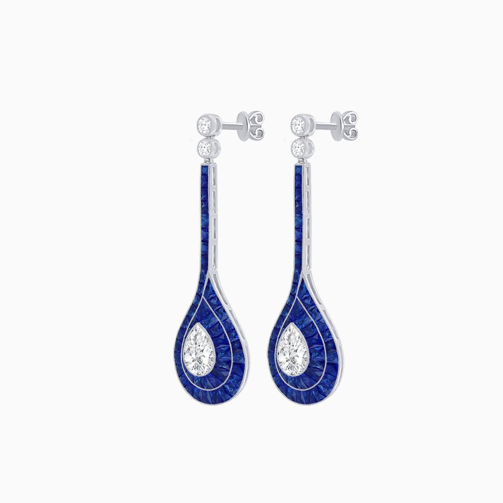 Art Deco Inspired Double Halo Drop Earrings with Diamond and Gemstone | Mounting - Shahin Jewelry