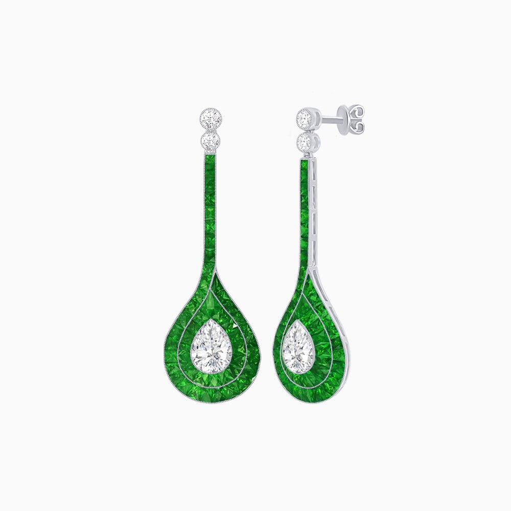 Art Deco Inspired Double Halo Drop Earrings with Diamond and Gemstone | Mounting - Shahin Jewelry