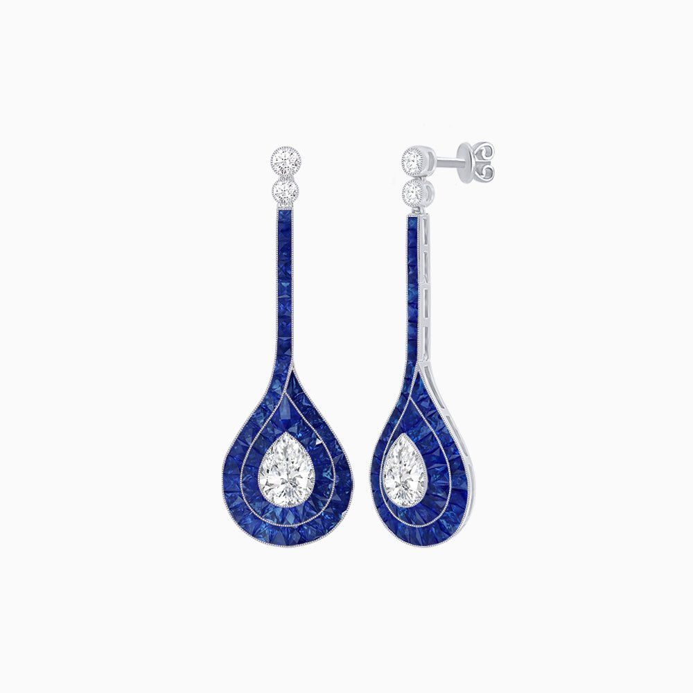 Art Deco Inspired Double Halo Drop Earrings with Diamond and Gemstone | Mounting - Shahin Jewelry