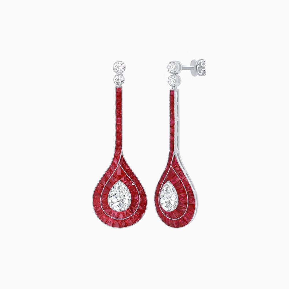 Art Deco Inspired Double Halo Drop Earrings with Diamond and Gemstone | Mounting - Shahin Jewelry