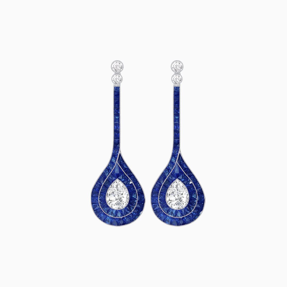 Art Deco Inspired Double Halo Drop Earrings with Diamond and Gemstone | Mounting - Shahin Jewelry
