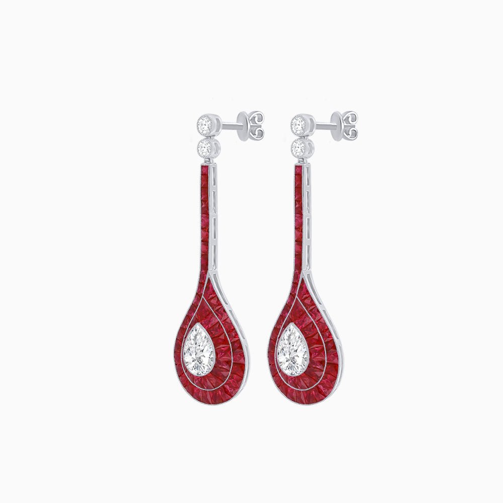 Art Deco Inspired Double Halo Drop Earrings with Diamond and Gemstone | Mounting - Shahin Jewelry