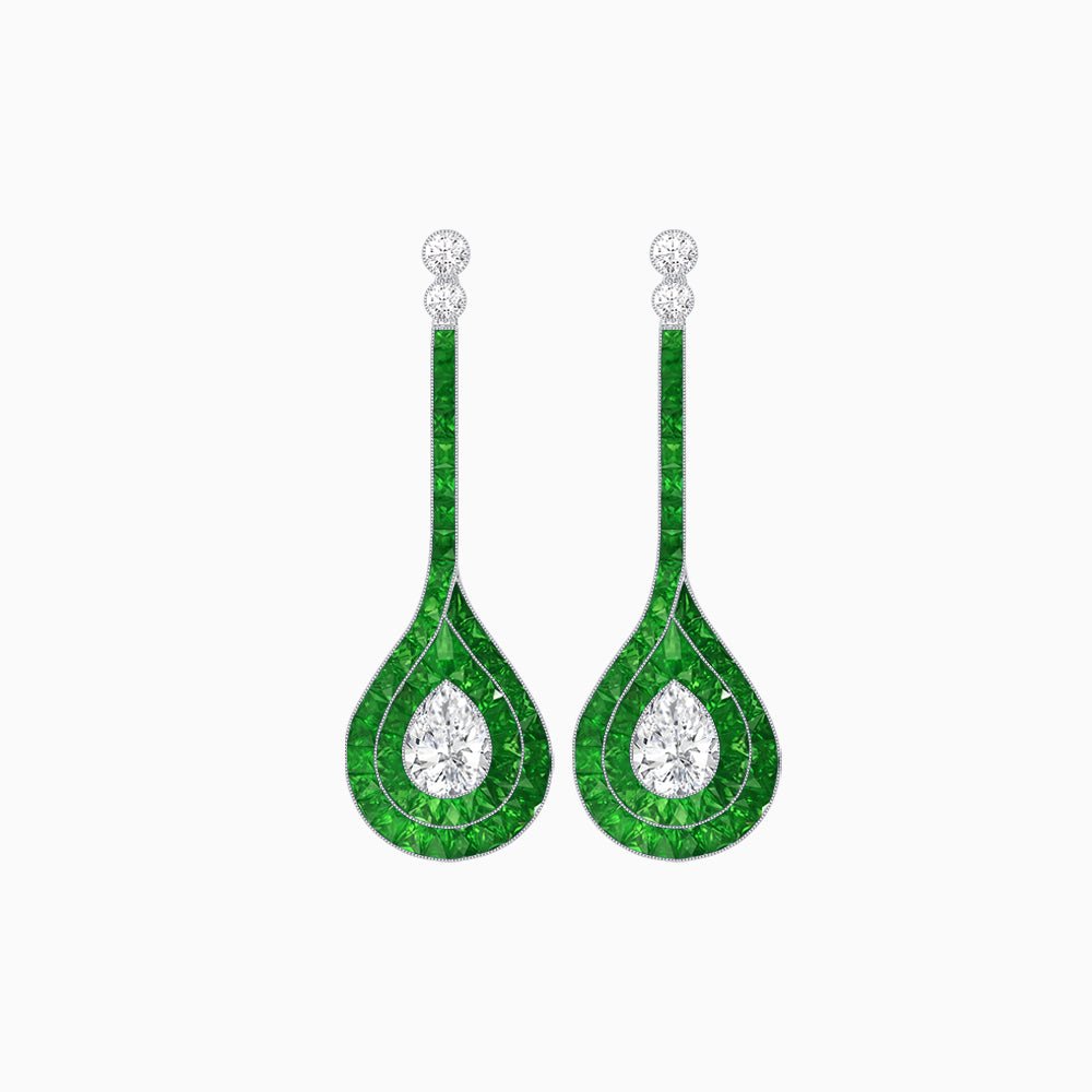 Art Deco Inspired Double Halo Drop Earrings with Diamond and Gemstone | Mounting - Shahin Jewelry