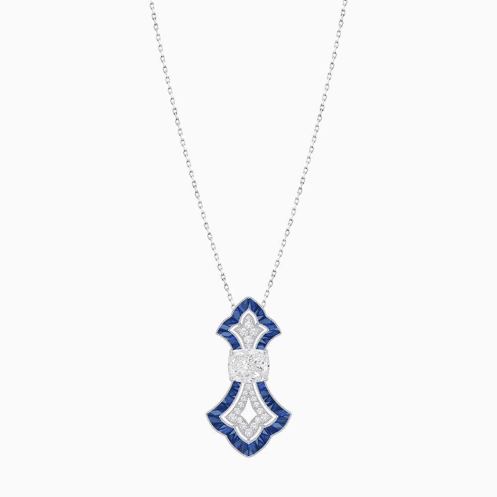 Art Deco Inspired Elongated Pendant with Diamond and Gemstone | Mounting | Without Chain - Shahin Jewelry