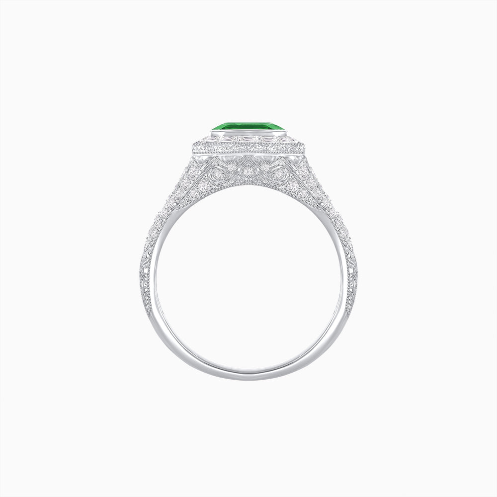 Art Deco Inspired Emerald Cut Baguette Halo Ring with Engraved Shoulders - Shahin Jewelry