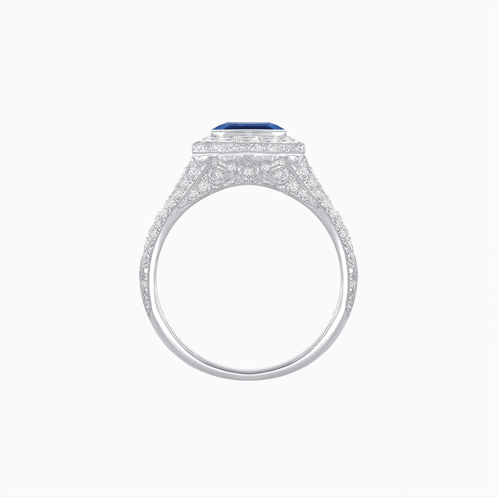 Art Deco Inspired Emerald Cut Baguette Halo Ring with Engraved Shoulders - Shahin Jewelry