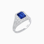 Load image into Gallery viewer, Art Deco Inspired Emerald Cut Baguette Halo Ring with Engraved Shoulders - Shahin Jewelry