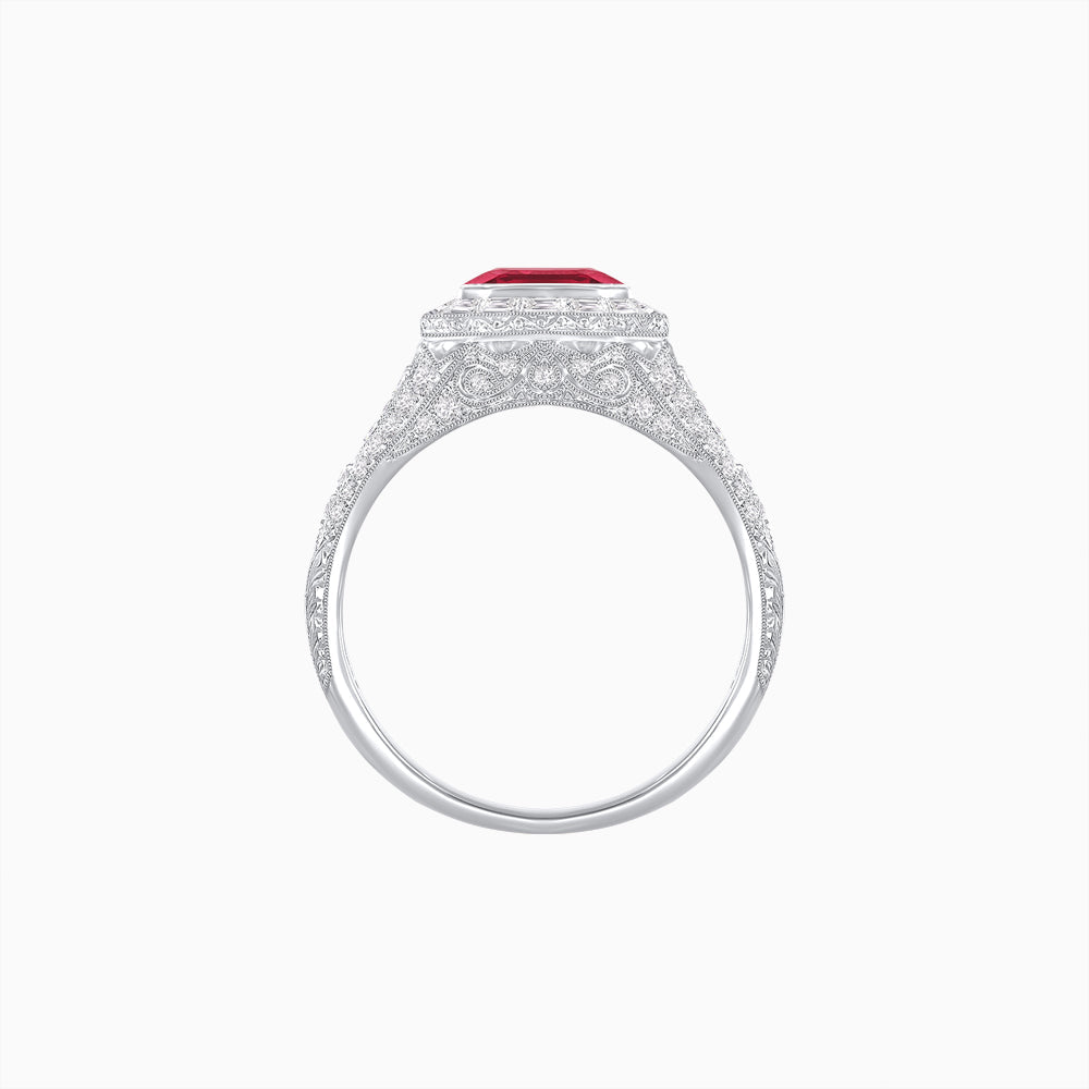 Art Deco Inspired Emerald Cut Baguette Halo Ring with Engraved Shoulders - Shahin Jewelry