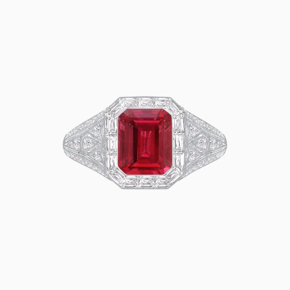 Art Deco Inspired Emerald Cut Baguette Halo Ring with Engraved Shoulders - Shahin Jewelry
