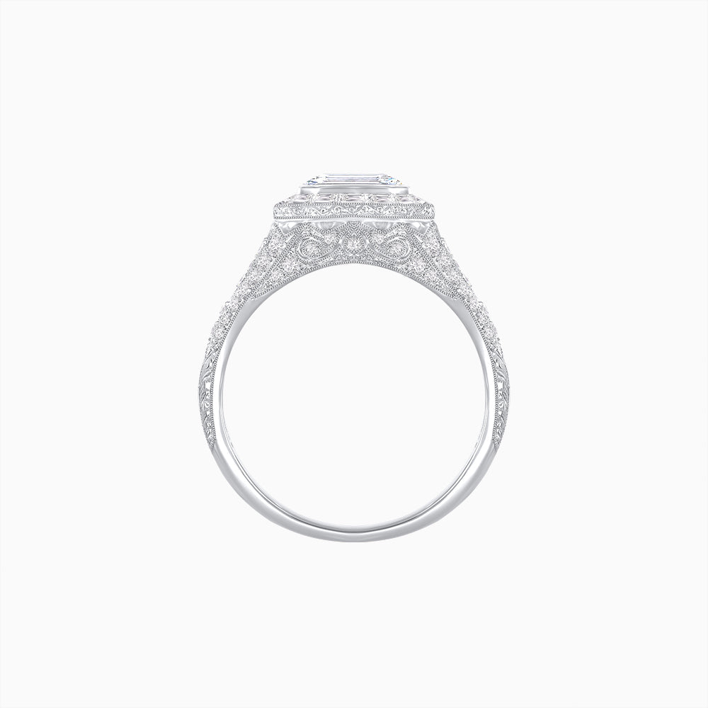 Art Deco Inspired Emerald Cut Baguette Halo Ring with Engraved Shoulders - Shahin Jewelry