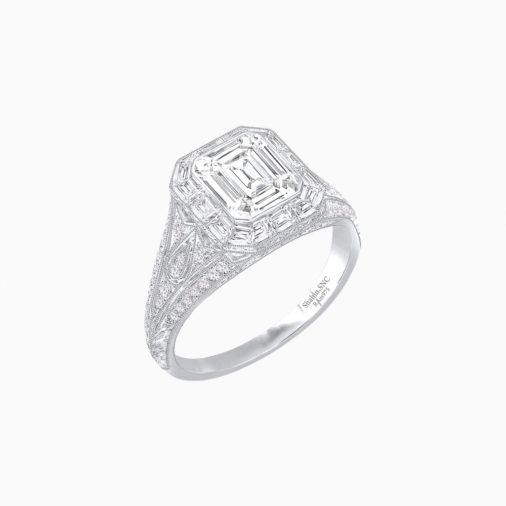 Art Deco Inspired Emerald Cut Baguette Halo Ring with Engraved Shoulders - Shahin Jewelry