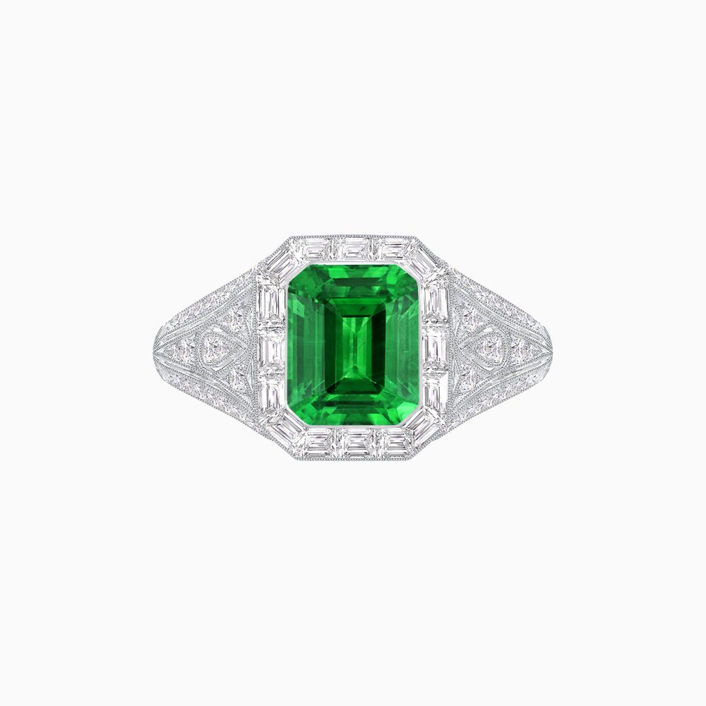 Art Deco Inspired Emerald Cut Baguette Halo Ring with Engraved Shoulders - Shahin Jewelry