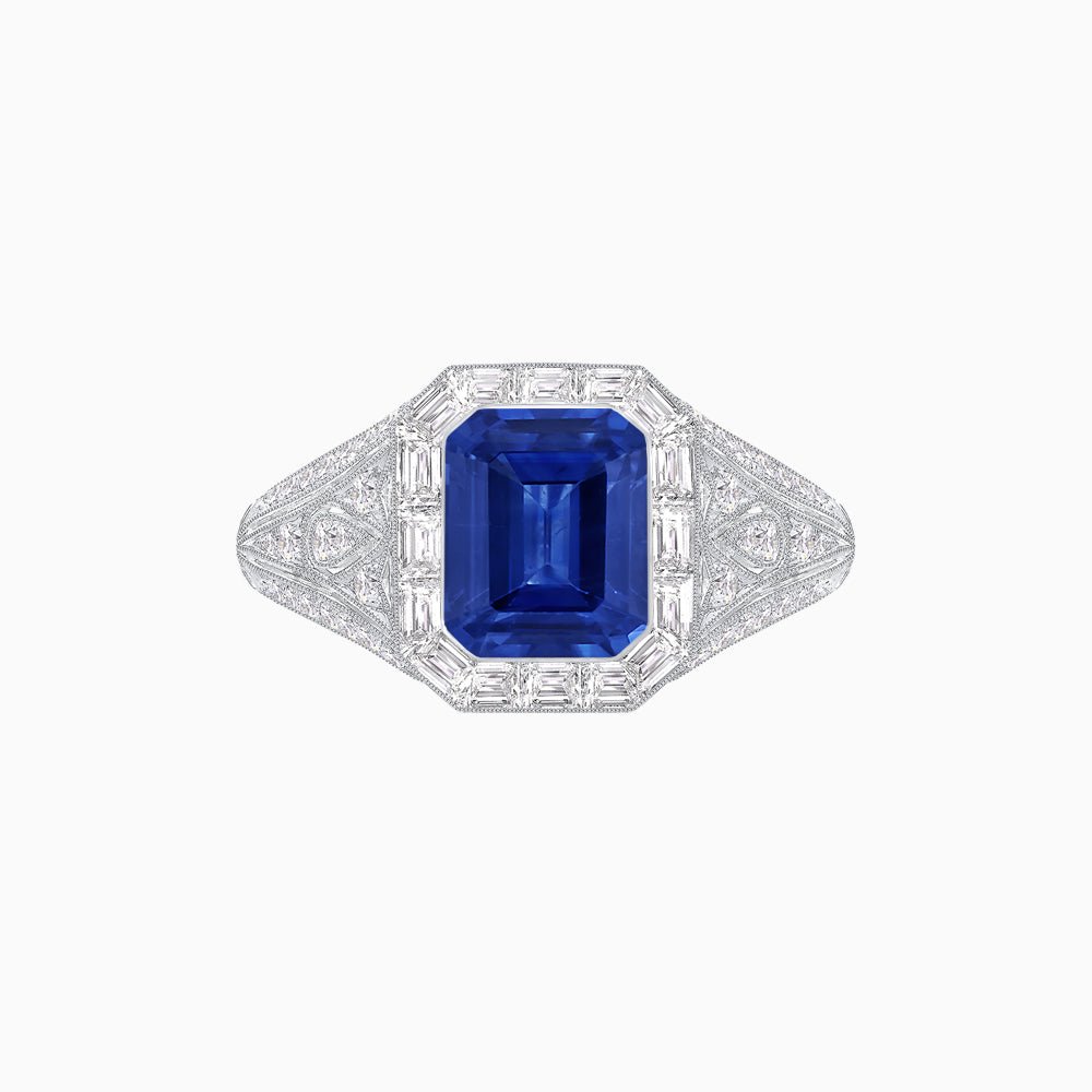Art Deco Inspired Emerald Cut Baguette Halo Ring with Engraved Shoulders - Shahin Jewelry
