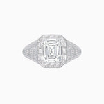 Load image into Gallery viewer, Art Deco Inspired Emerald Cut Baguette Halo Ring with Engraved Shoulders - Shahin Jewelry