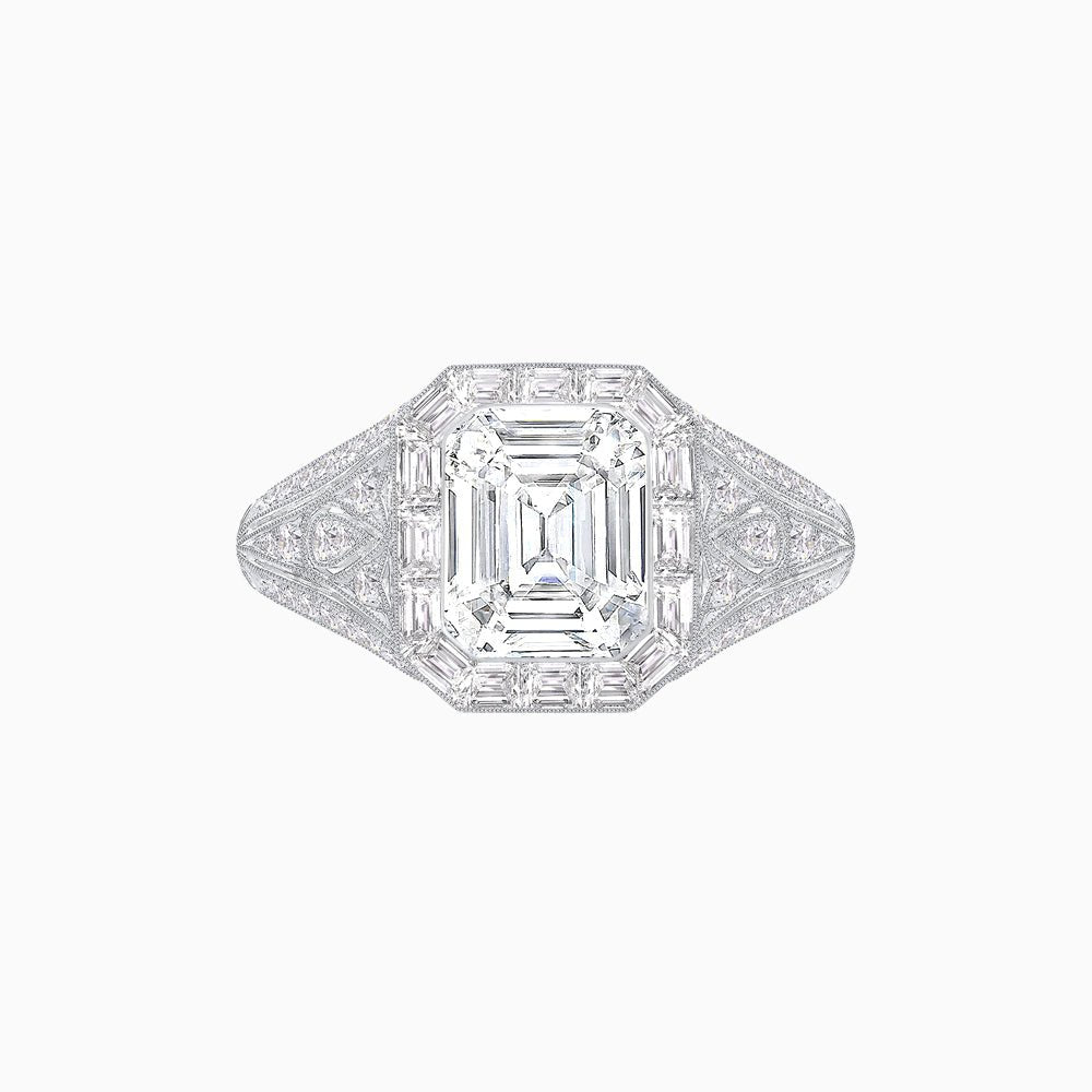 Art Deco Inspired Emerald Cut Baguette Halo Ring with Engraved Shoulders - Shahin Jewelry