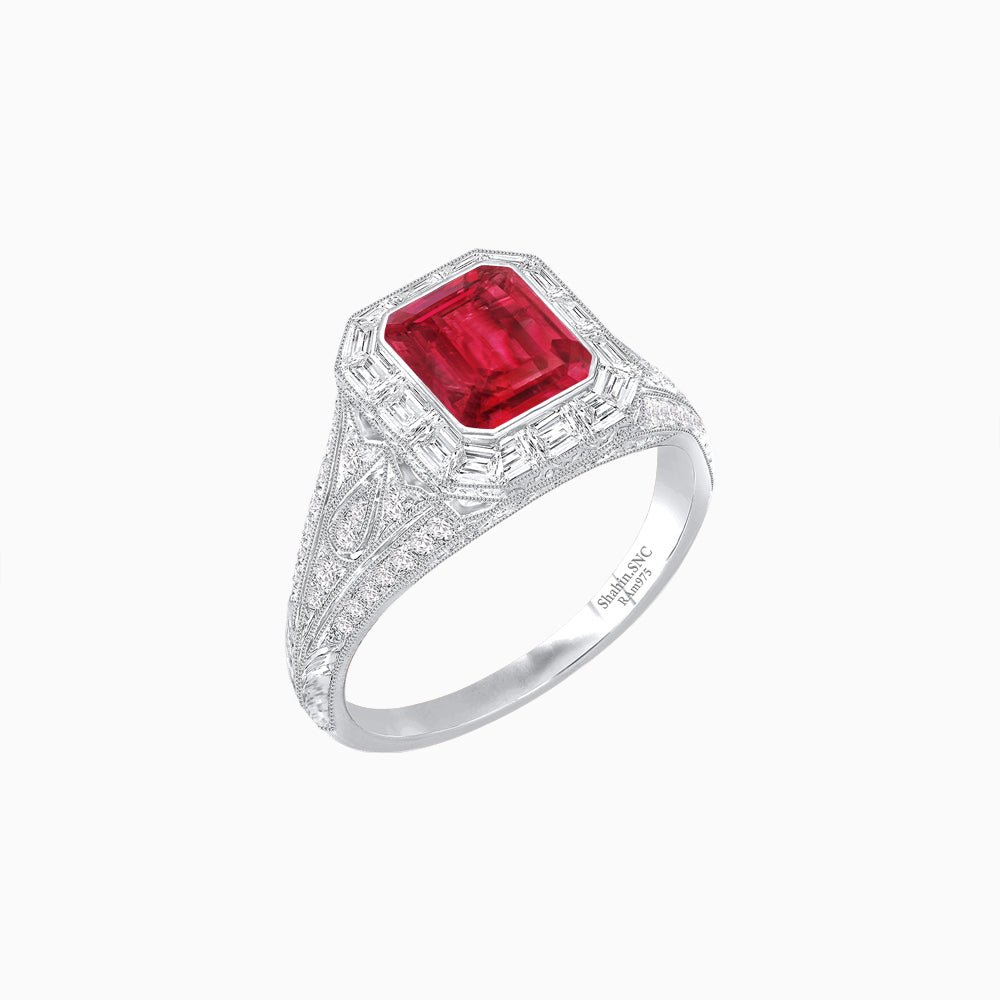 Art Deco Inspired Emerald Cut Baguette Halo Ring with Engraved Shoulders - Shahin Jewelry