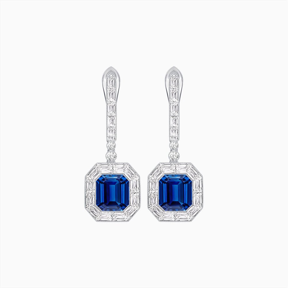Art Deco Inspired Emerald Cut Drop Earrings with Octagonal Baguette Halos - Shahin Jewelry