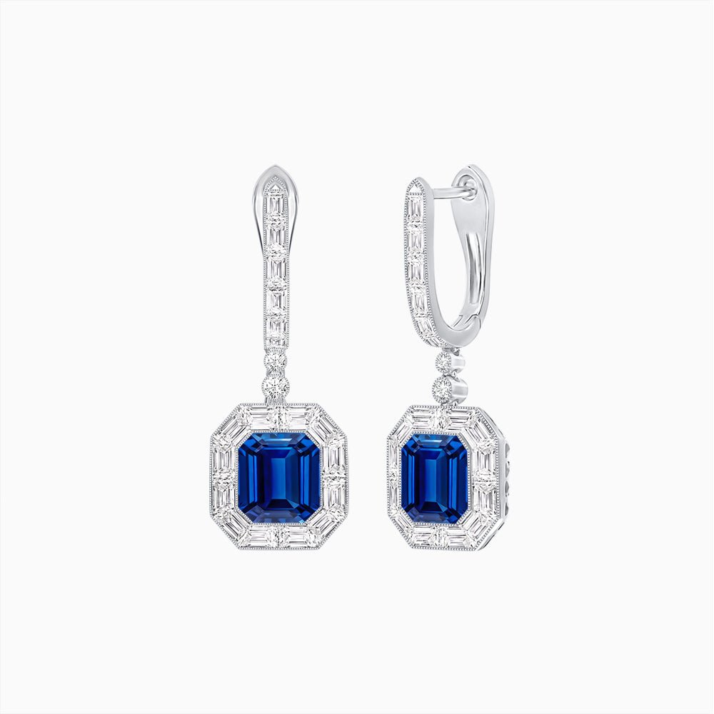 Art Deco Inspired Emerald Cut Drop Earrings with Octagonal Baguette Halos - Shahin Jewelry