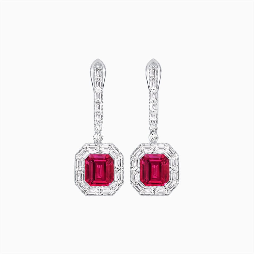 Art Deco Inspired Emerald Cut Drop Earrings with Octagonal Baguette Halos - Shahin Jewelry