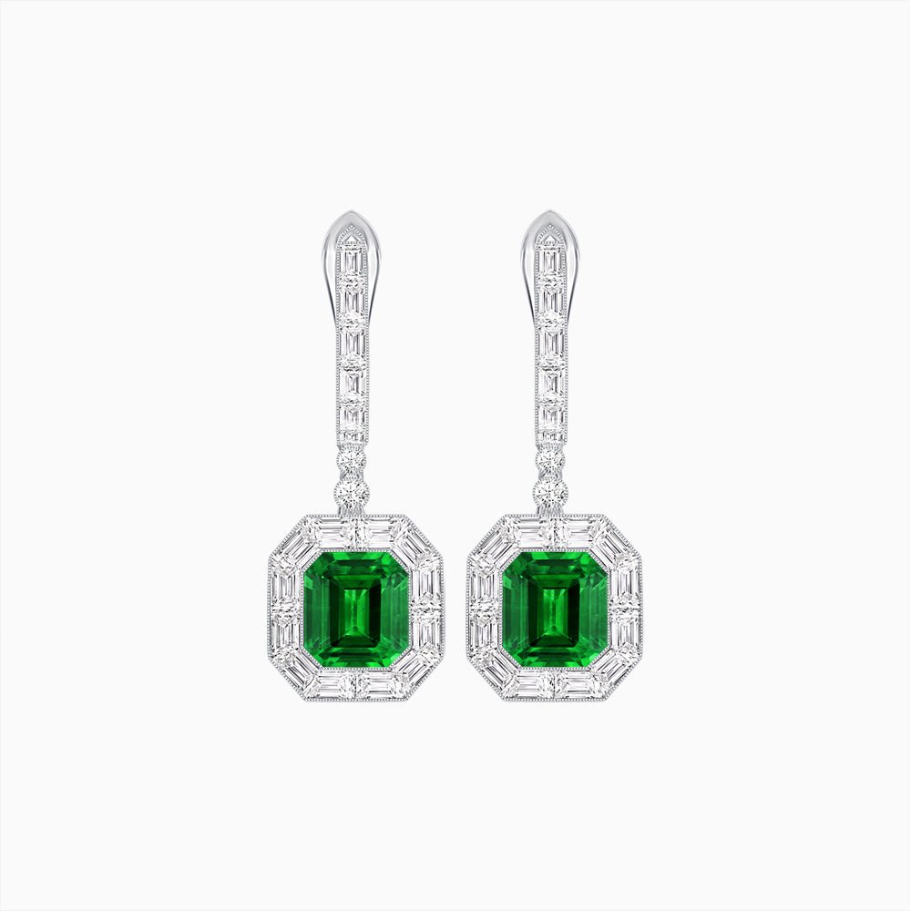 Art Deco Inspired Emerald Cut Drop Earrings with Octagonal Baguette Halos - Shahin Jewelry