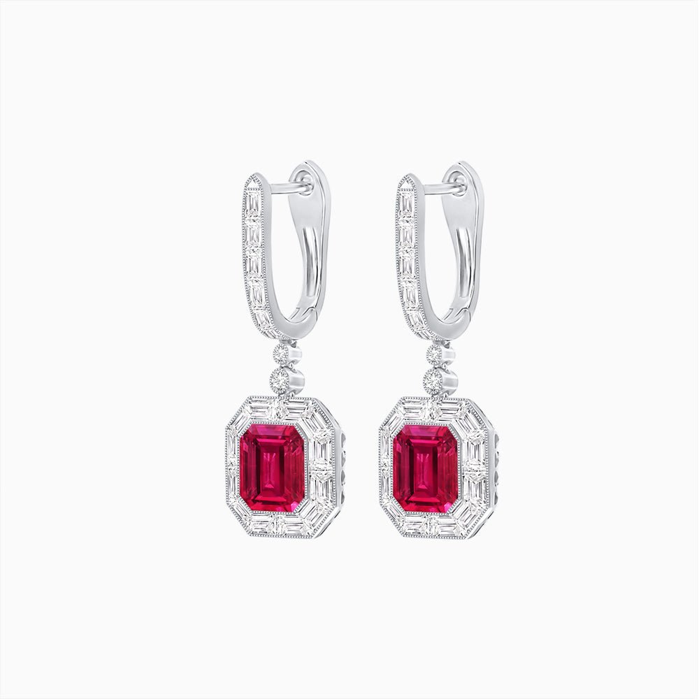 Art Deco Inspired Emerald Cut Drop Earrings with Octagonal Baguette Halos - Shahin Jewelry