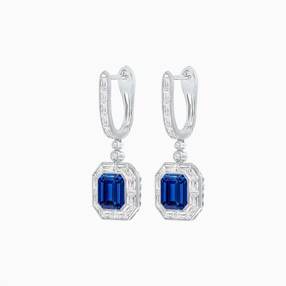 Art Deco Inspired Emerald Cut Drop Earrings with Octagonal Baguette Halos - Shahin Jewelry