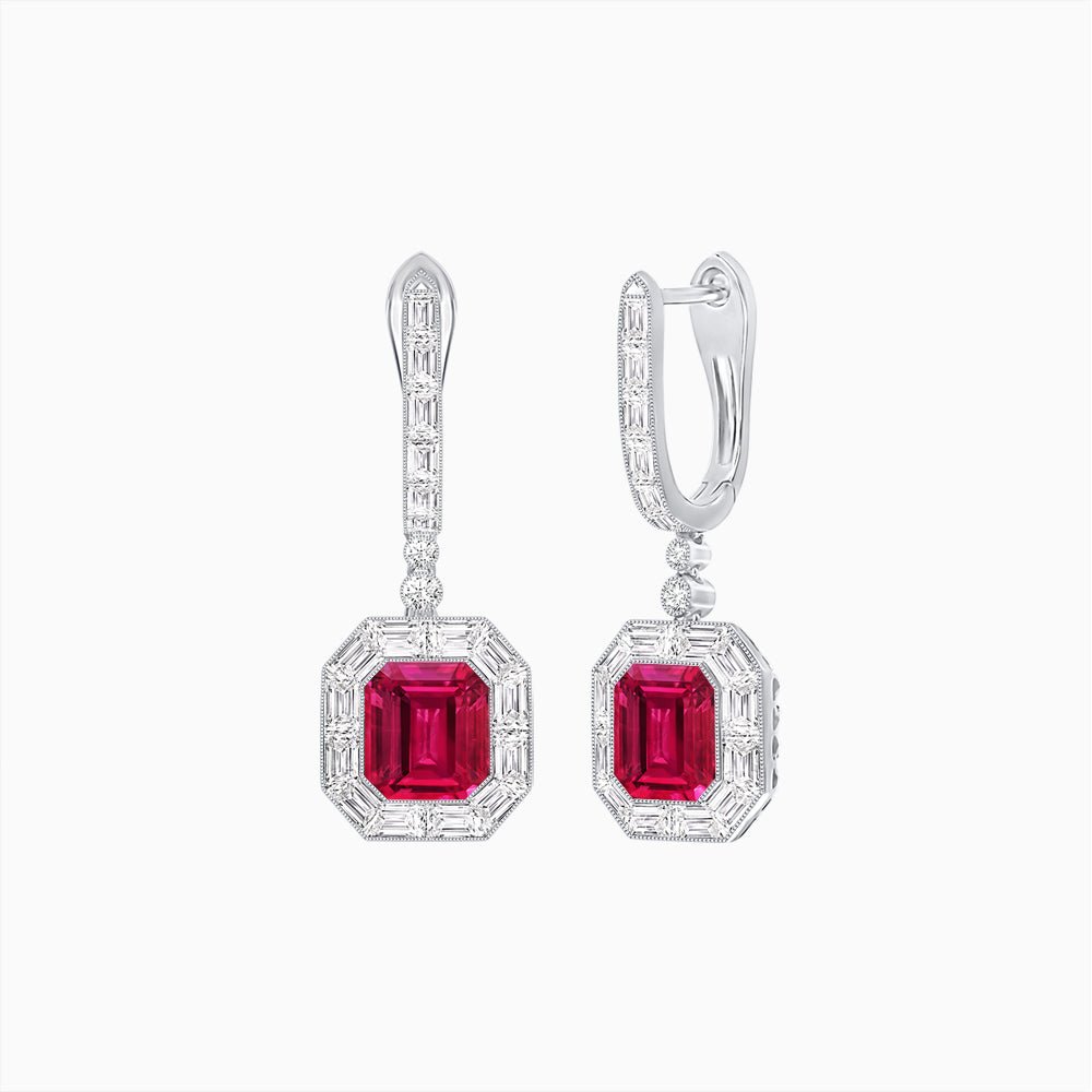Art Deco Inspired Emerald Cut Drop Earrings with Octagonal Baguette Halos - Shahin Jewelry
