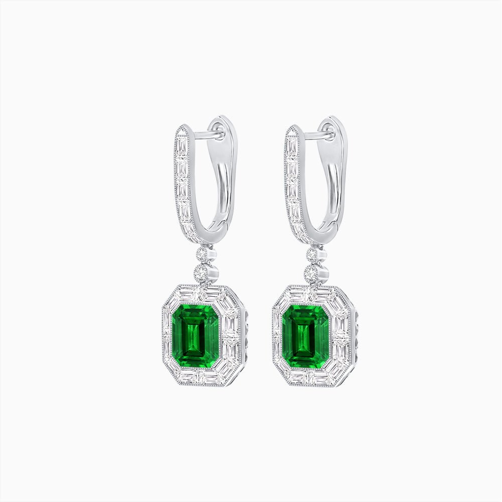 Art Deco Inspired Emerald Cut Drop Earrings with Octagonal Baguette Halos - Shahin Jewelry