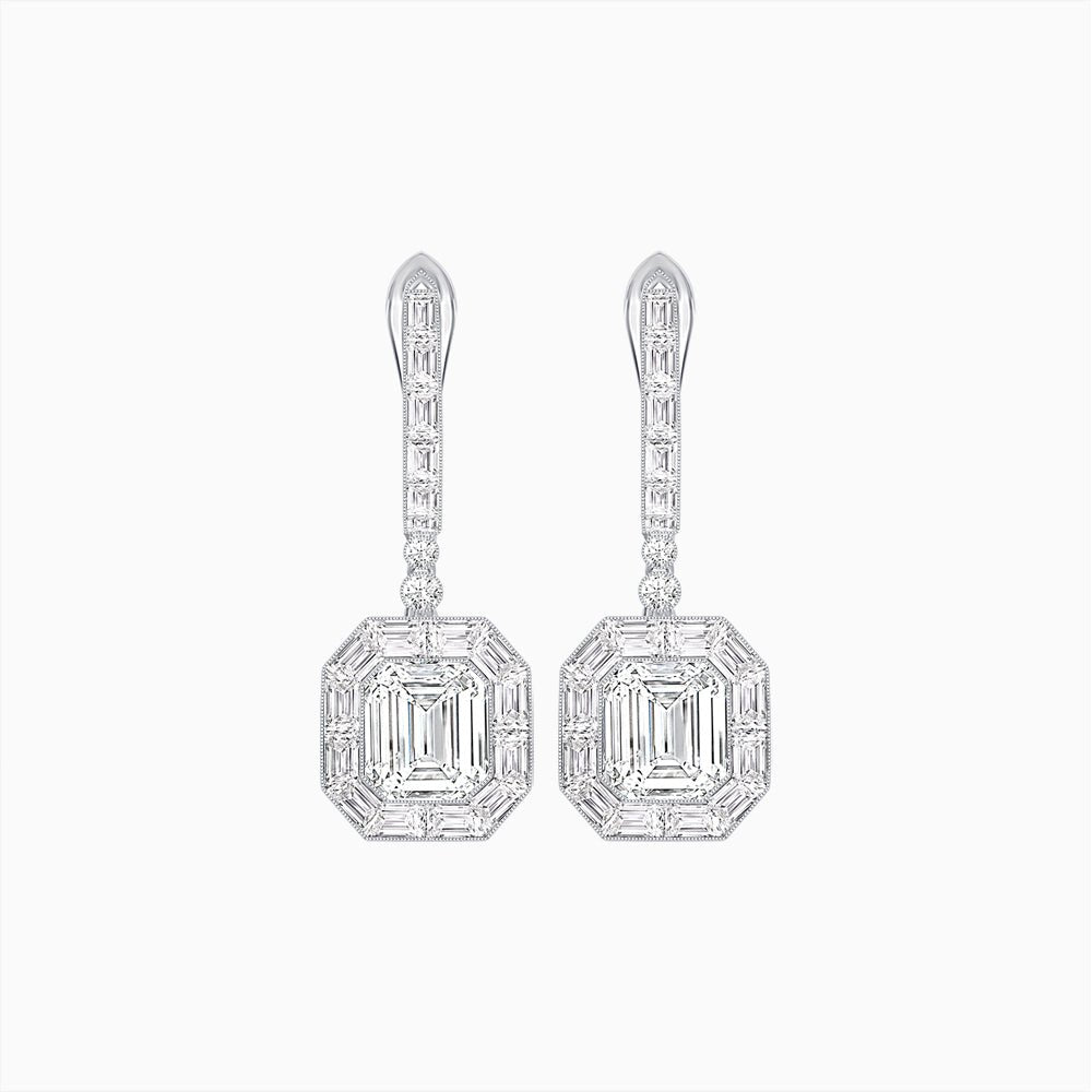 Art Deco Inspired Emerald Cut Drop Earrings with Octagonal Baguette Halos - Shahin Jewelry