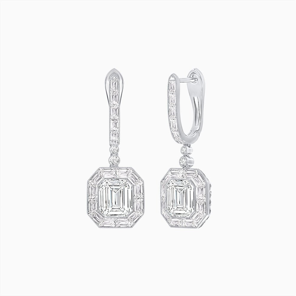 Art Deco Inspired Emerald Cut Drop Earrings with Octagonal Baguette Halos - Shahin Jewelry