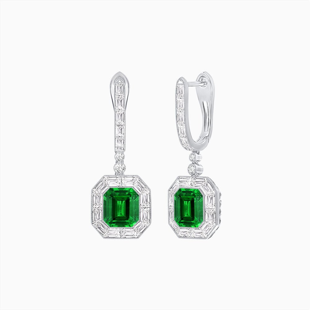 Art Deco Inspired Emerald Cut Drop Earrings with Octagonal Baguette Halos - Shahin Jewelry