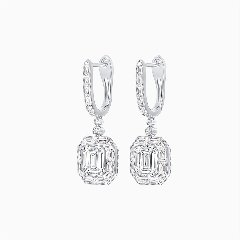 Art Deco Inspired Emerald Cut Drop Earrings with Octagonal Baguette Halos - Shahin Jewelry