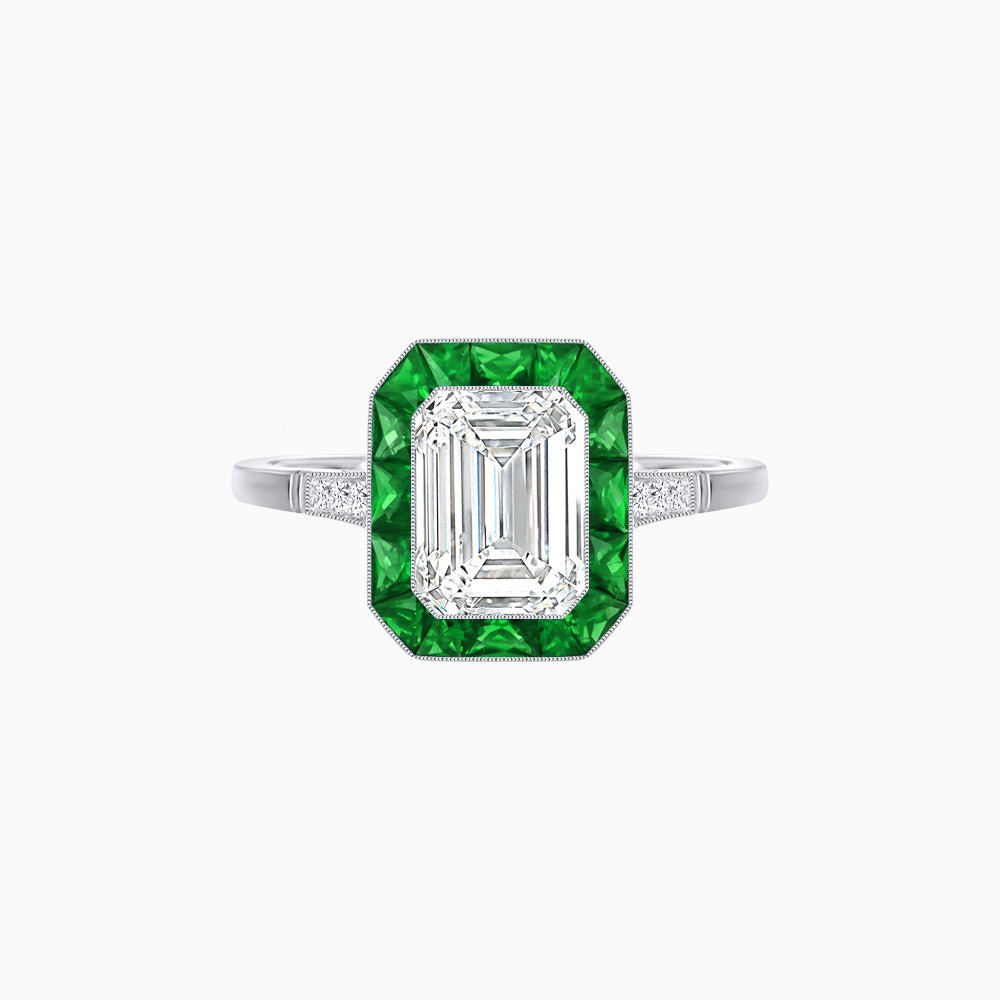 Art Deco Inspired Emerald Cut French-Cut Gemstone Halo Ring - Shahin Jewelry