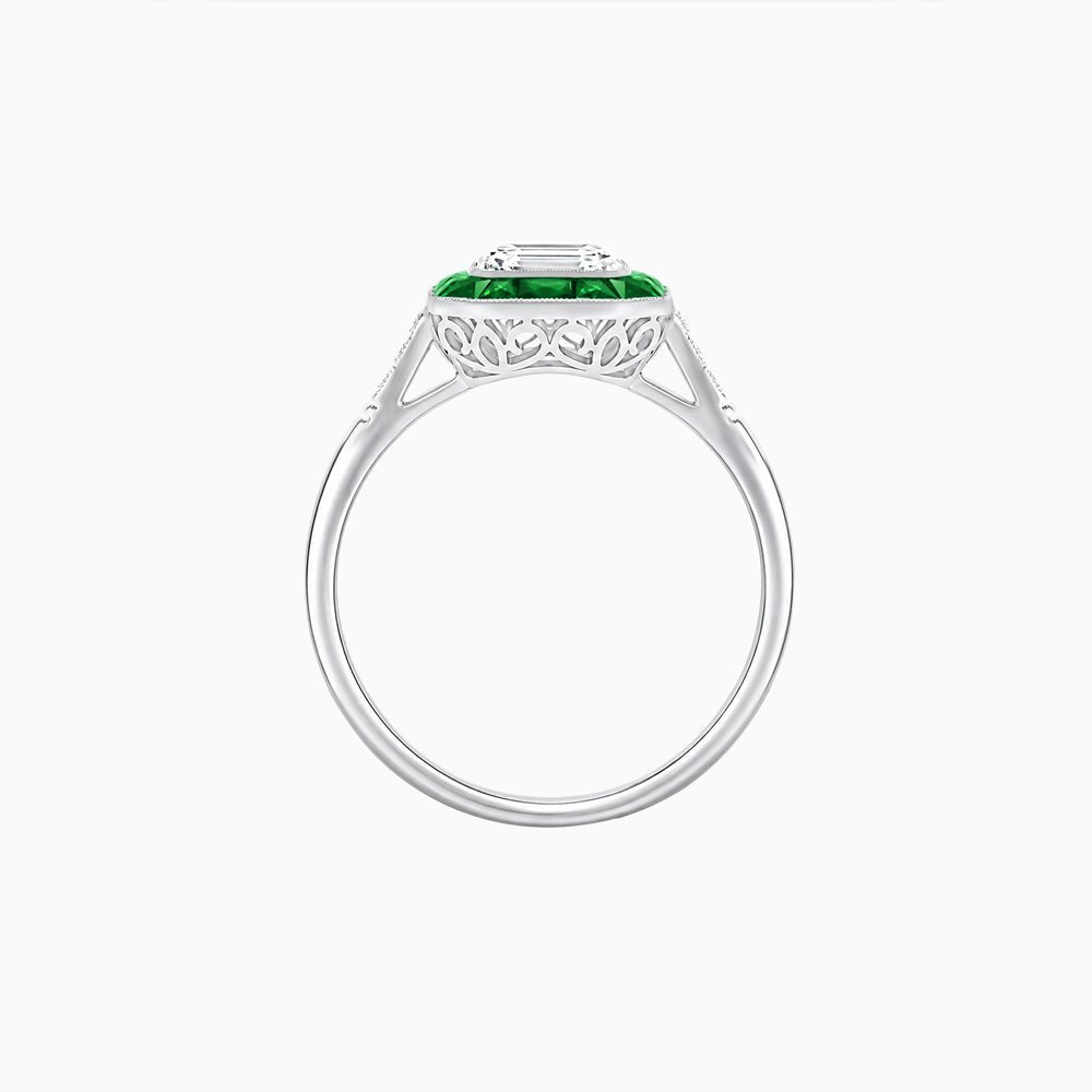 Art Deco Inspired Emerald Cut French-Cut Gemstone Halo Ring - Shahin Jewelry