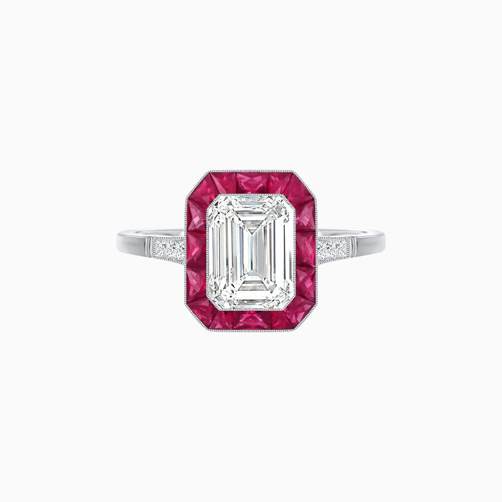 Art Deco Inspired Emerald Cut French-Cut Gemstone Halo Ring - Shahin Jewelry