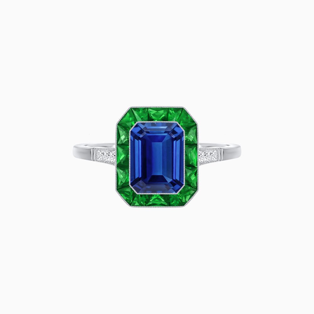 Art Deco Inspired Emerald Cut French-Cut Gemstone Halo Ring - Shahin Jewelry