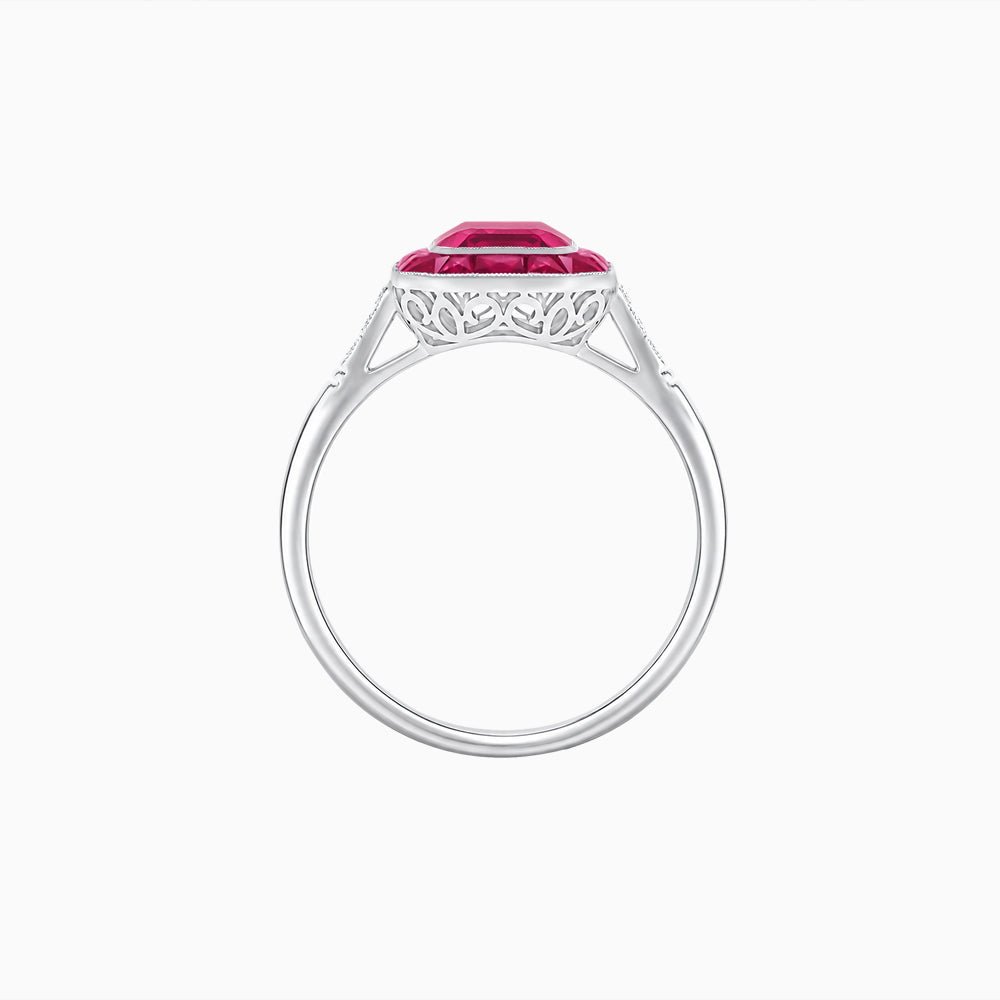 Art Deco Inspired Emerald Cut French-Cut Gemstone Halo Ring - Shahin Jewelry