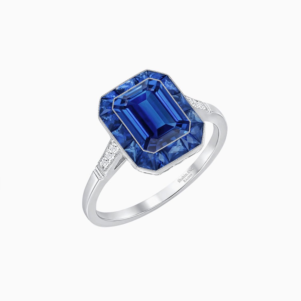 Art Deco Inspired Emerald Cut French-Cut Gemstone Halo Ring - Shahin Jewelry