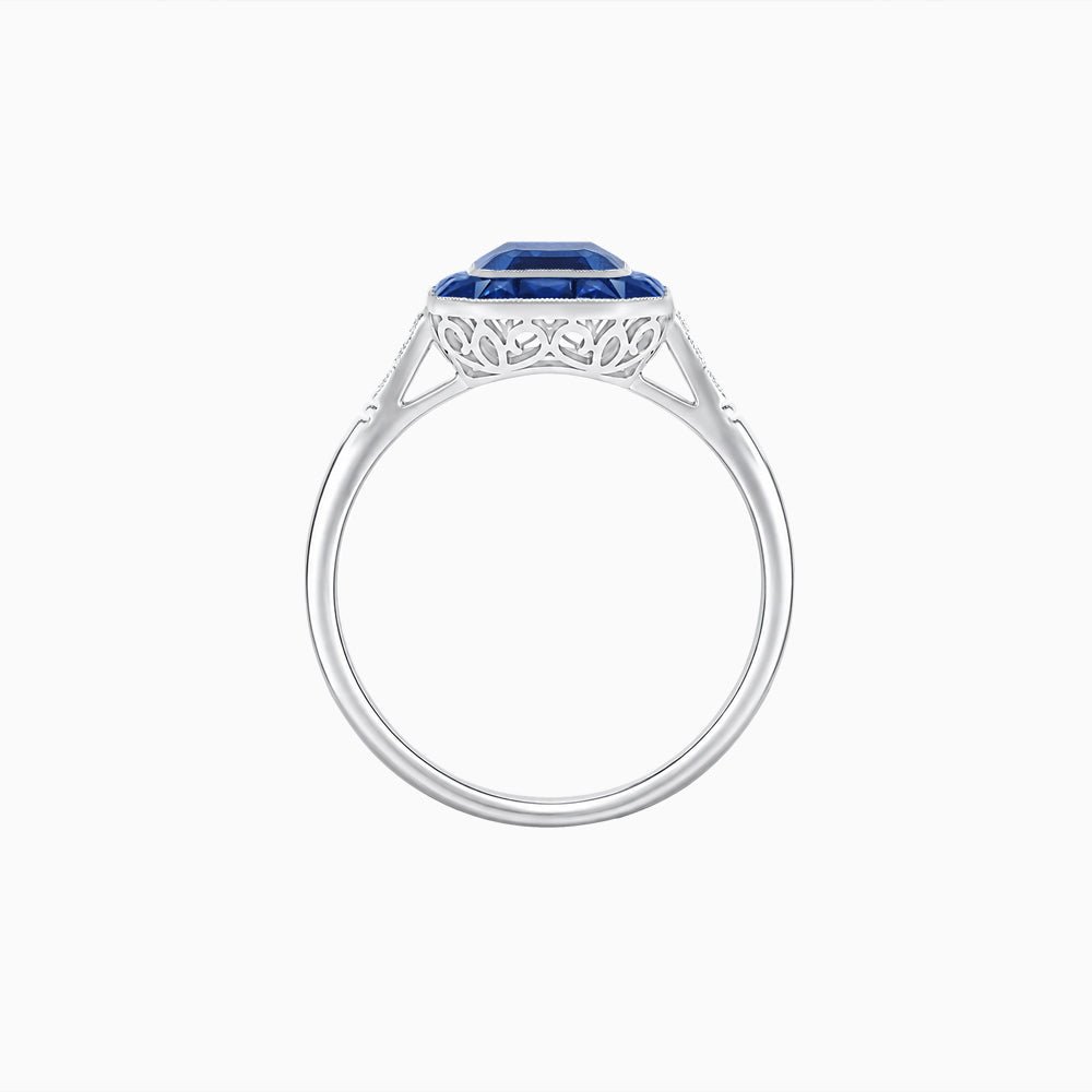 Art Deco Inspired Emerald Cut French-Cut Gemstone Halo Ring - Shahin Jewelry