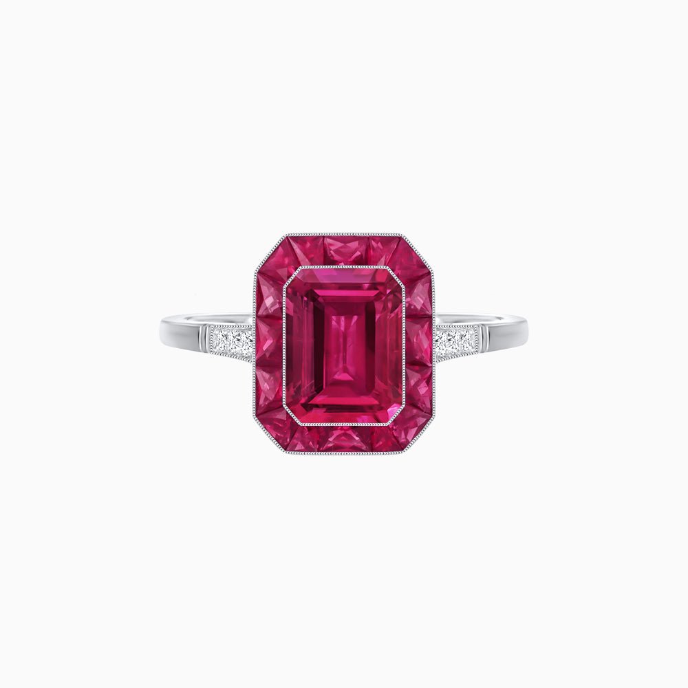 Art Deco Inspired Emerald Cut French-Cut Gemstone Halo Ring - Shahin Jewelry