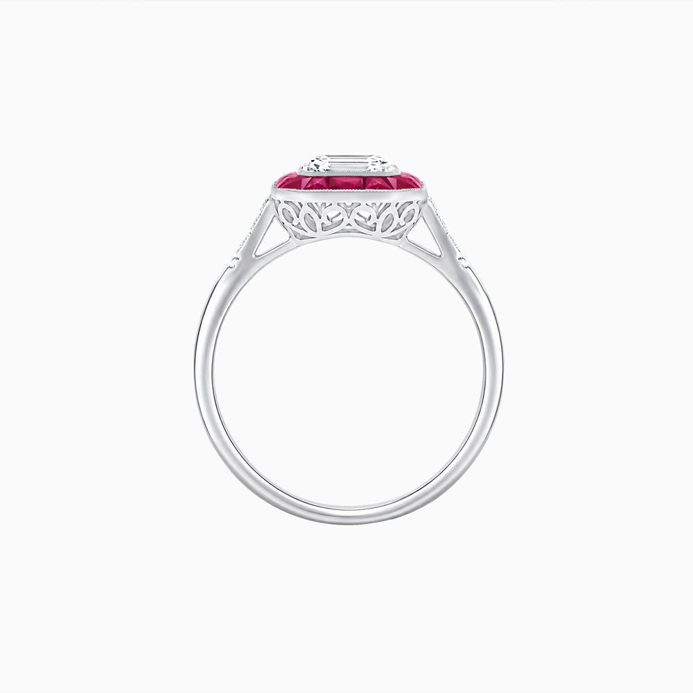 Art Deco Inspired Emerald Cut French-Cut Gemstone Halo Ring - Shahin Jewelry