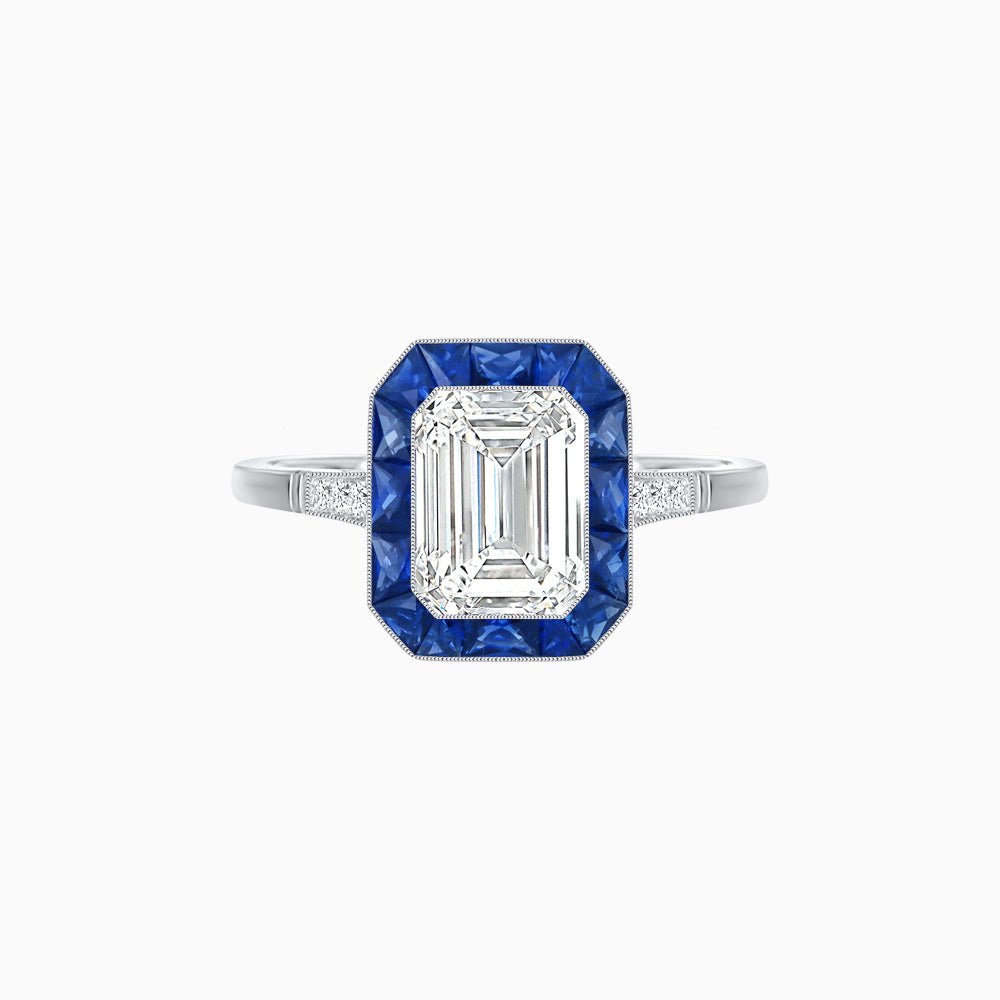 Art Deco Inspired Emerald Cut French-Cut Gemstone Halo Ring - Shahin Jewelry