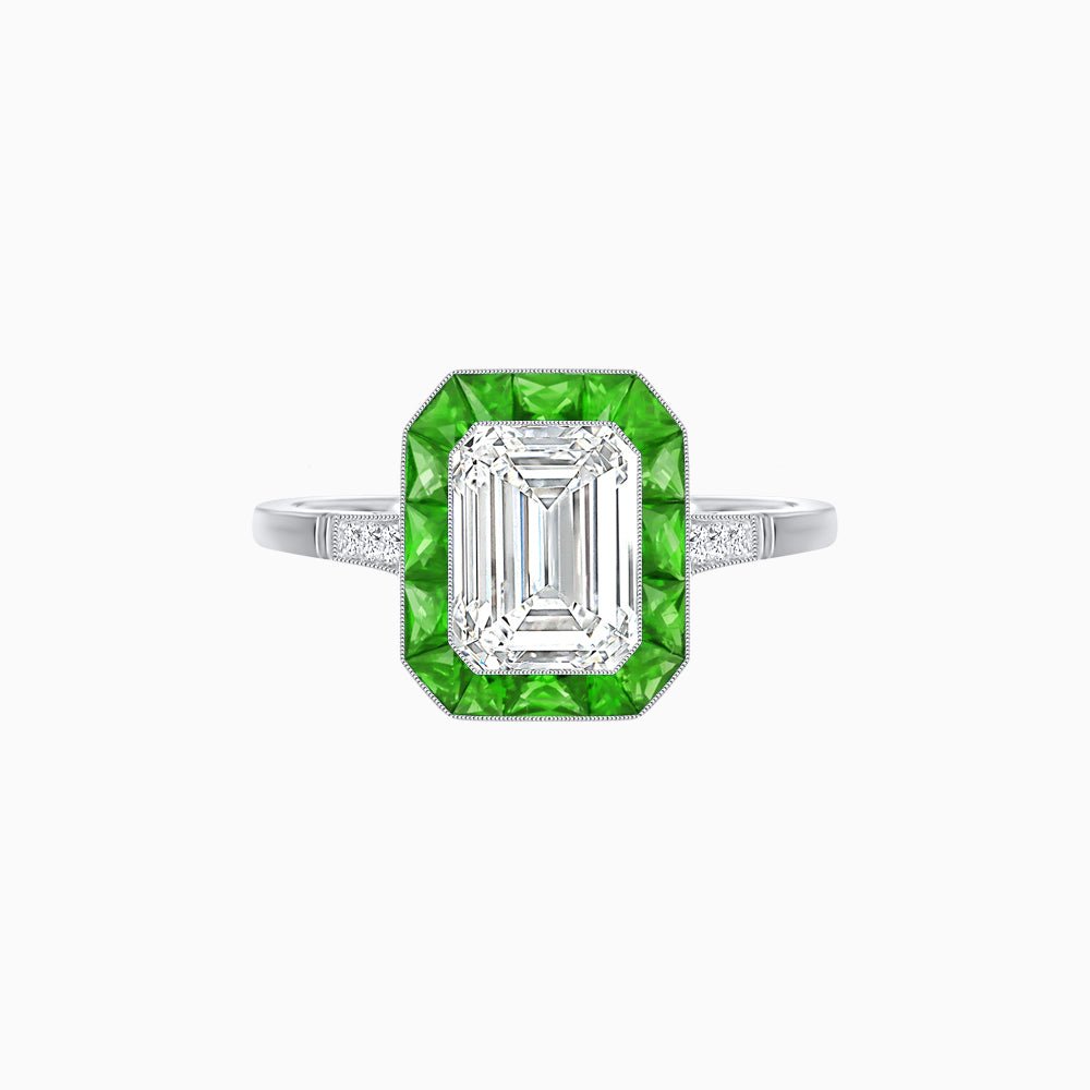 Art Deco Inspired Emerald Cut French-Cut Gemstone Halo Ring - Shahin Jewelry