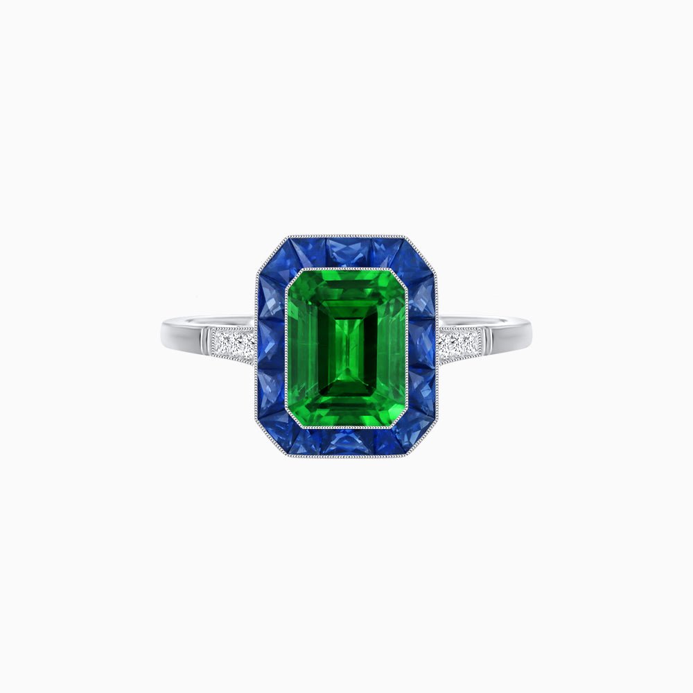 Art Deco Inspired Emerald Cut French-Cut Gemstone Halo Ring - Shahin Jewelry