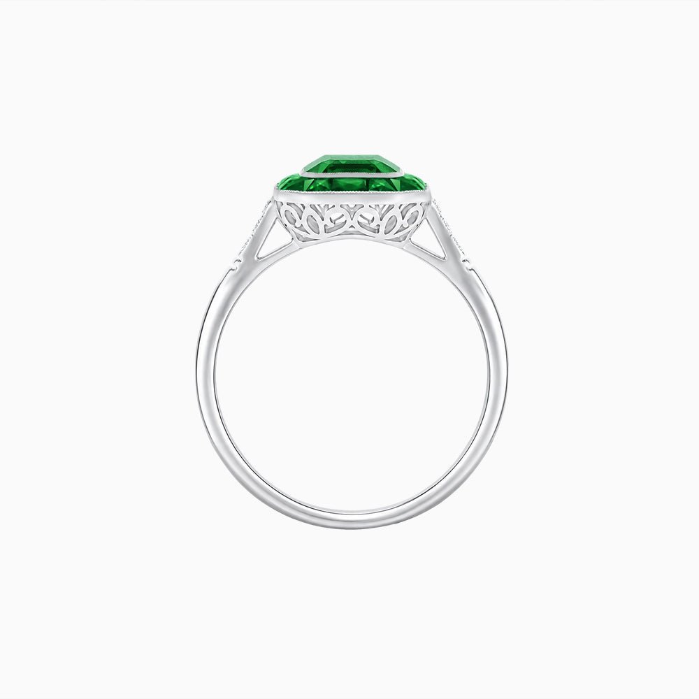 Art Deco Inspired Emerald Cut French-Cut Gemstone Halo Ring - Shahin Jewelry